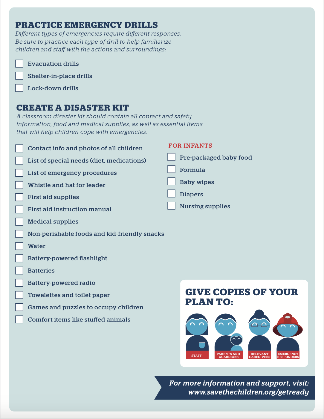 Document titled 'PRACTICE EMERGENCY DRILLS' with information on different types of emergencies and appropriate responses. Sections include Evacuation Drills, Shelter-in-place Drills, Classroom Disaster Kit, Infant Needs, First Aid Essentials, and Comfort Items, detailing necessary supplies for each scenario. Bottom of the page promotes giving copies of your emergency plan, with a link to Save the Children's website for more information and support.